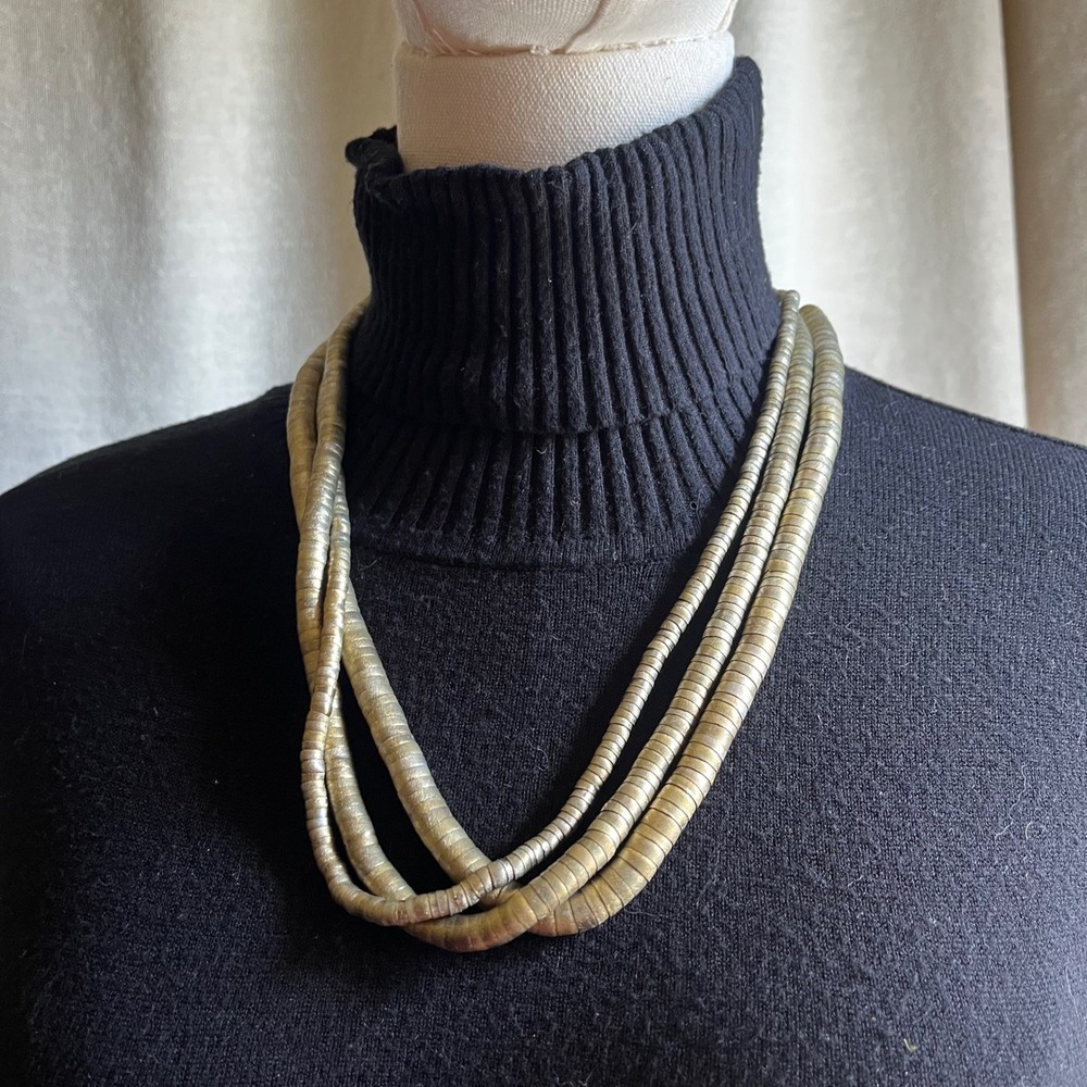 Vintage Layered Brass Coil Disc‎ Necklace Statement Runway Minimalist